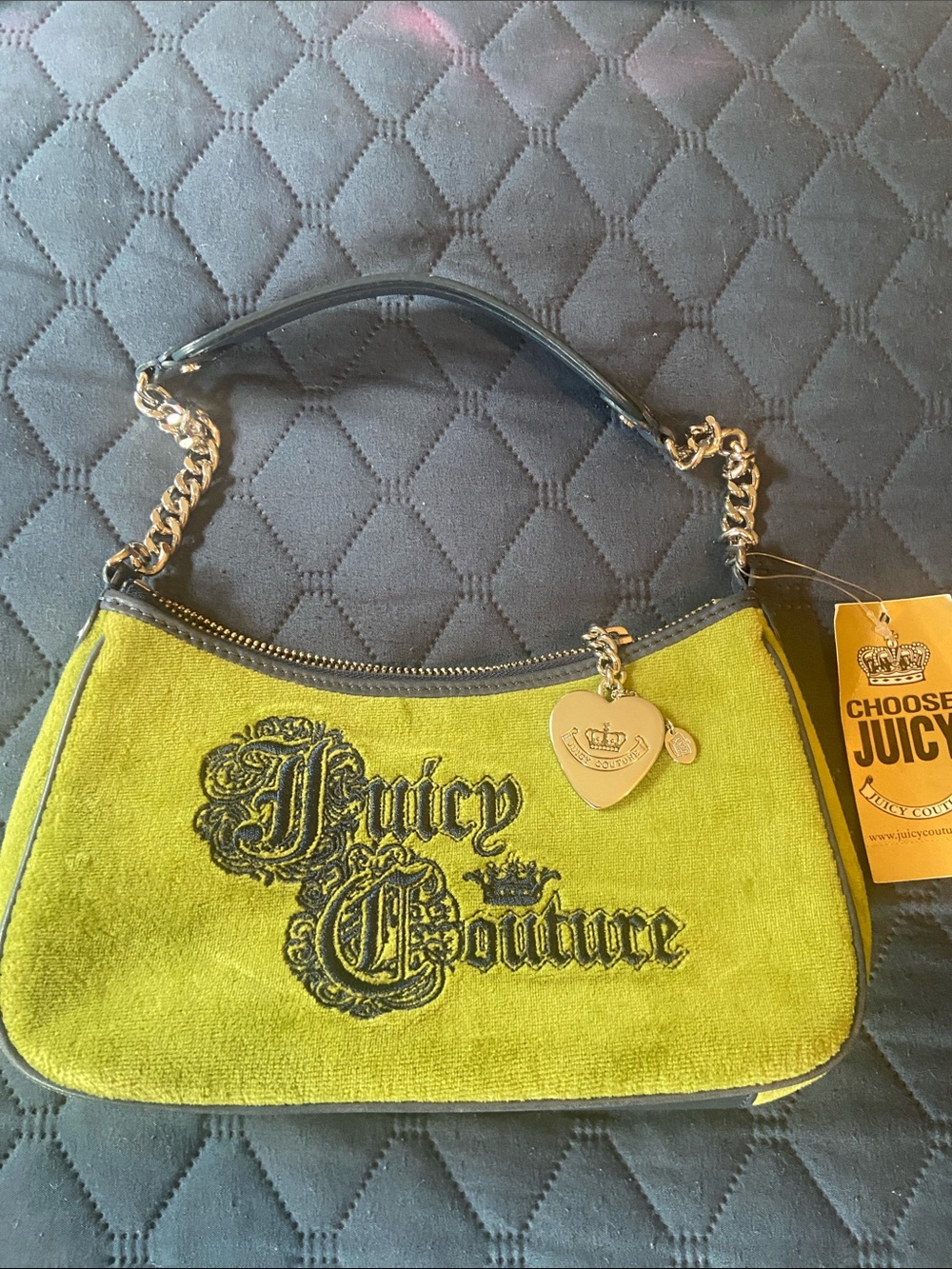 Juicy Couture Lime Green Velvet Shoulder Bag with Silver Heart Charm